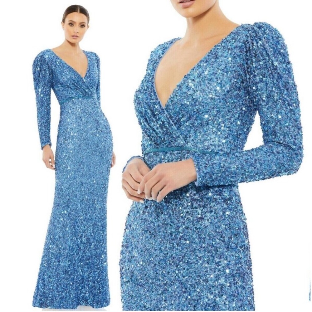 💙NWT Mac Duggal 5510 Puff Shoulder Sequined Long Gown Formal Dress Blue SZ 8